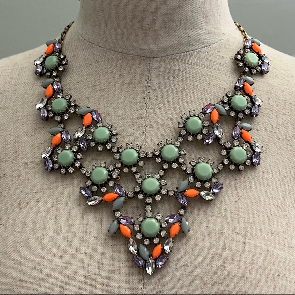 Gold tone JCrew bling necklace with lovely green and orange stones